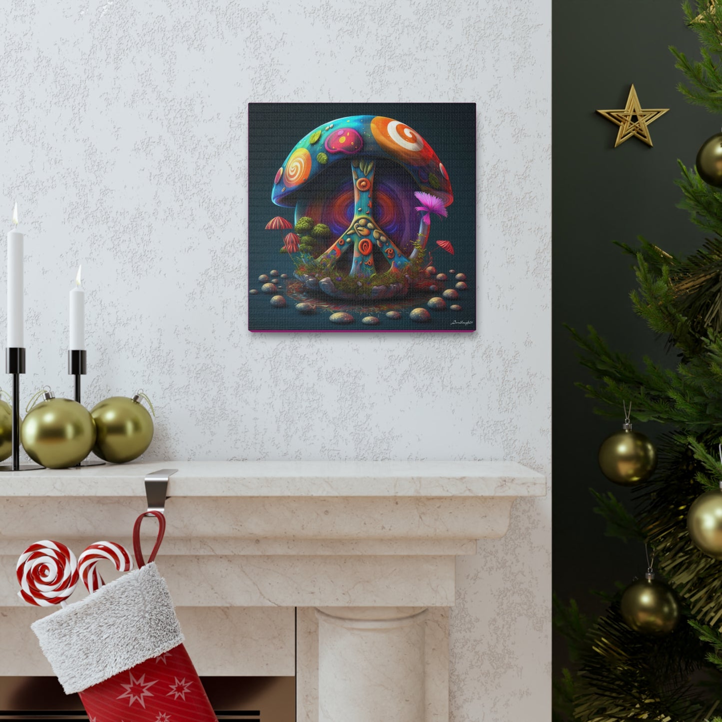 Gorgeous Colored Mushroom With Beautifully Designed Half Peace Sign Stem Canvas Gallery Wraps