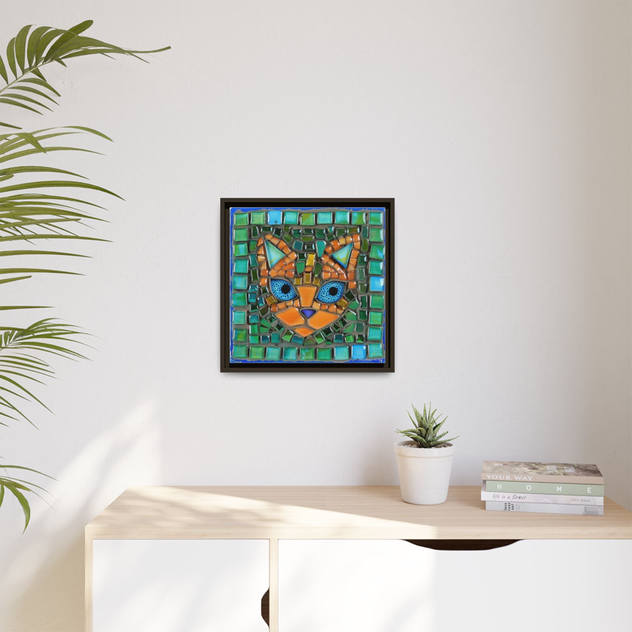 "Emerald Eyes Mosaic Cat", Framed Mosaic Cat Art Print — Colorful Modern Wall Canvas