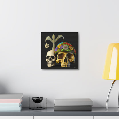 Double Skull With Yellow White Purple Flowers Canvas Gallery Wraps