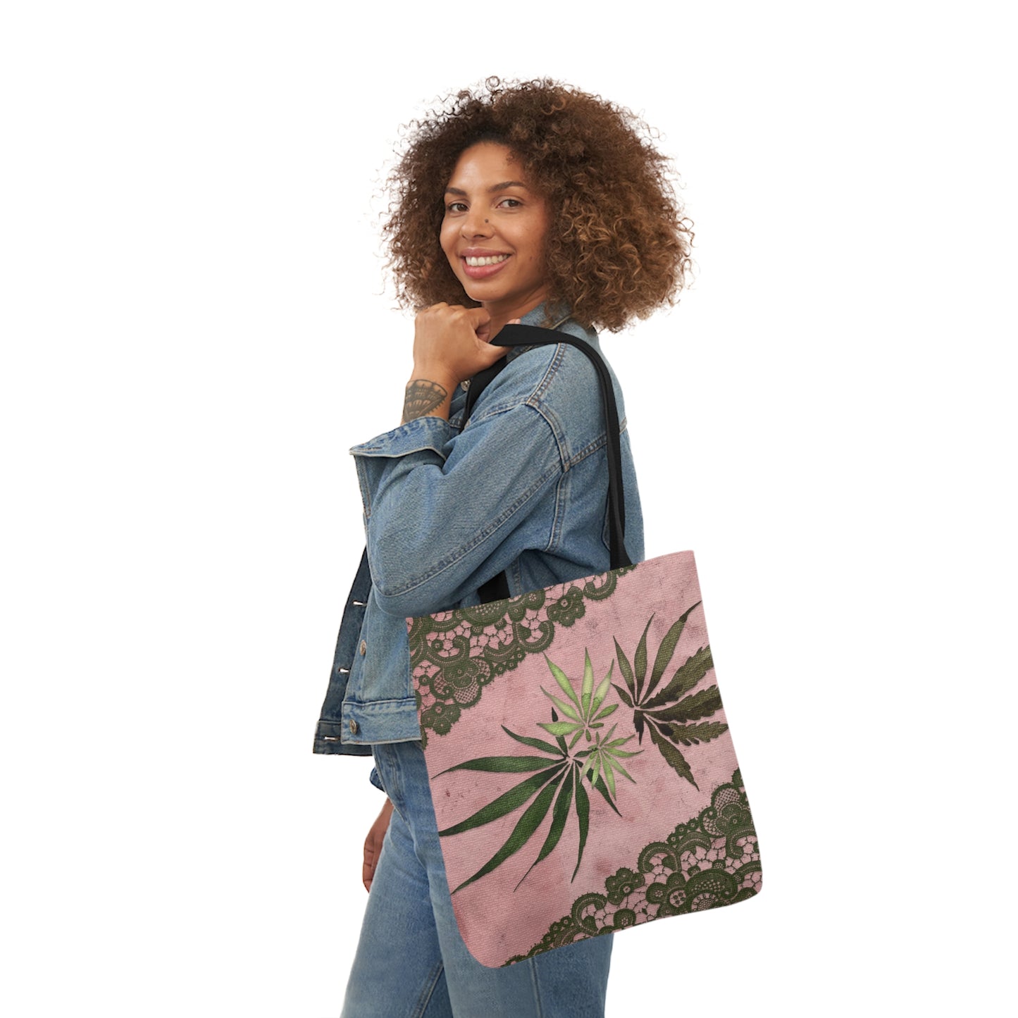 Grey Lace Gorgeous Pink Designed Marijuana 420 Weed Polyester Canvas Tote Bag (AOP)