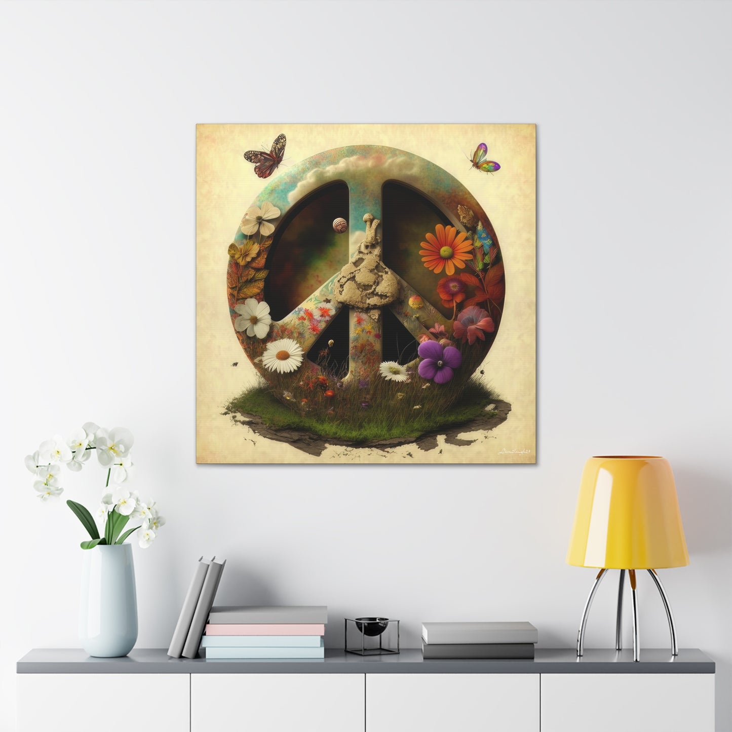 Elegant Peace Sign With Beautiful Flowers And Butterflies , Beige Background Canvas Gallery Wraps