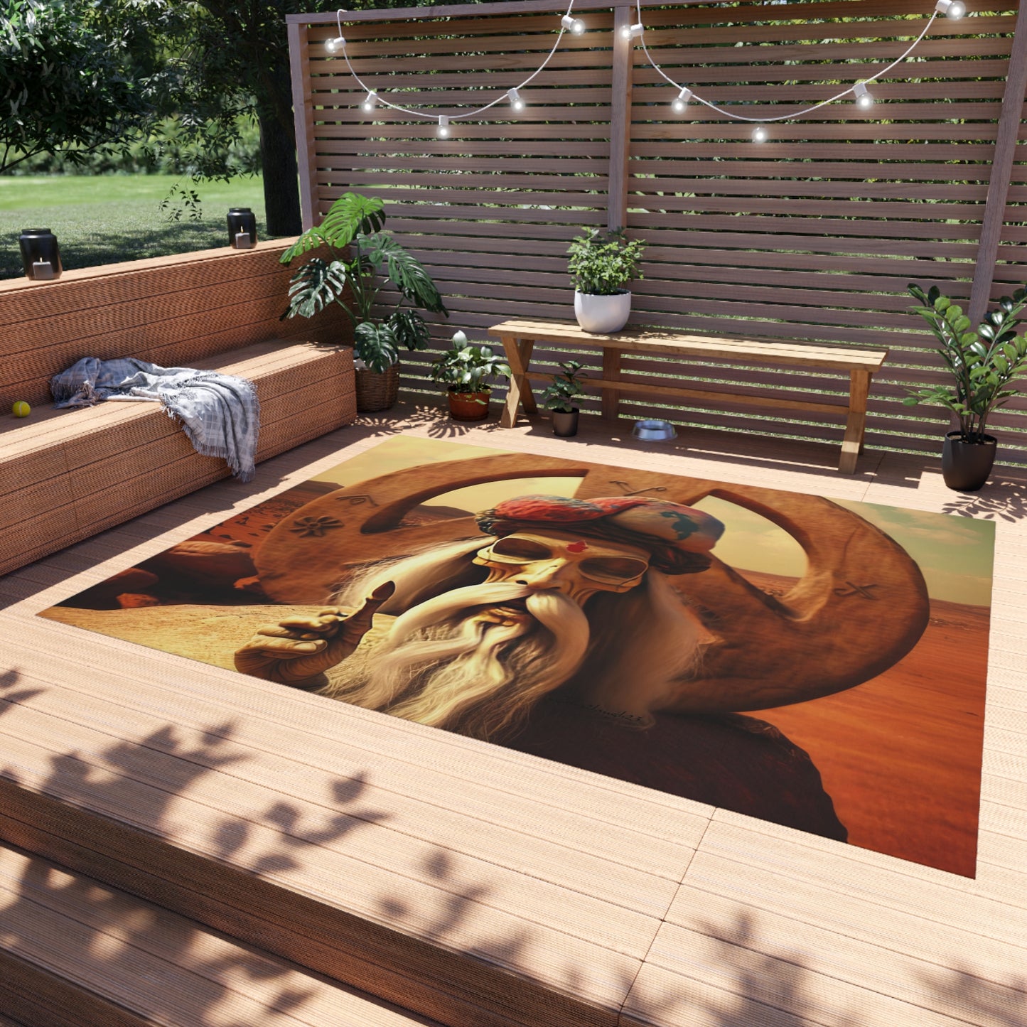 Wise Man In Dessert With Beard And Peace Sign Outdoor Rug