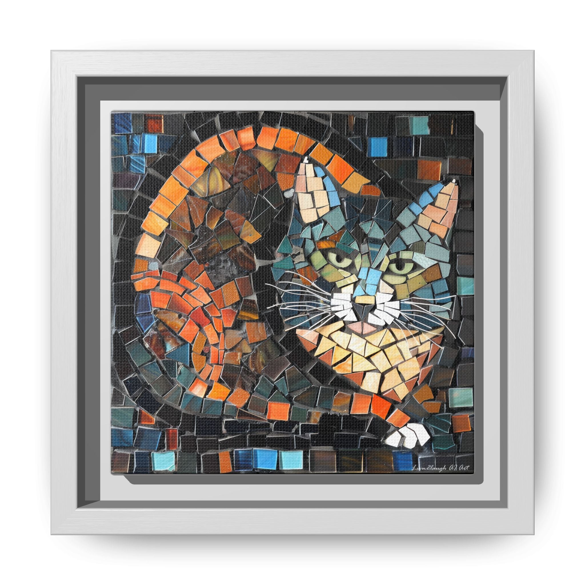 "Bold Mosaic Cat", Framed Mosaic Cat Art Print — Colorful Modern Wall Canvas