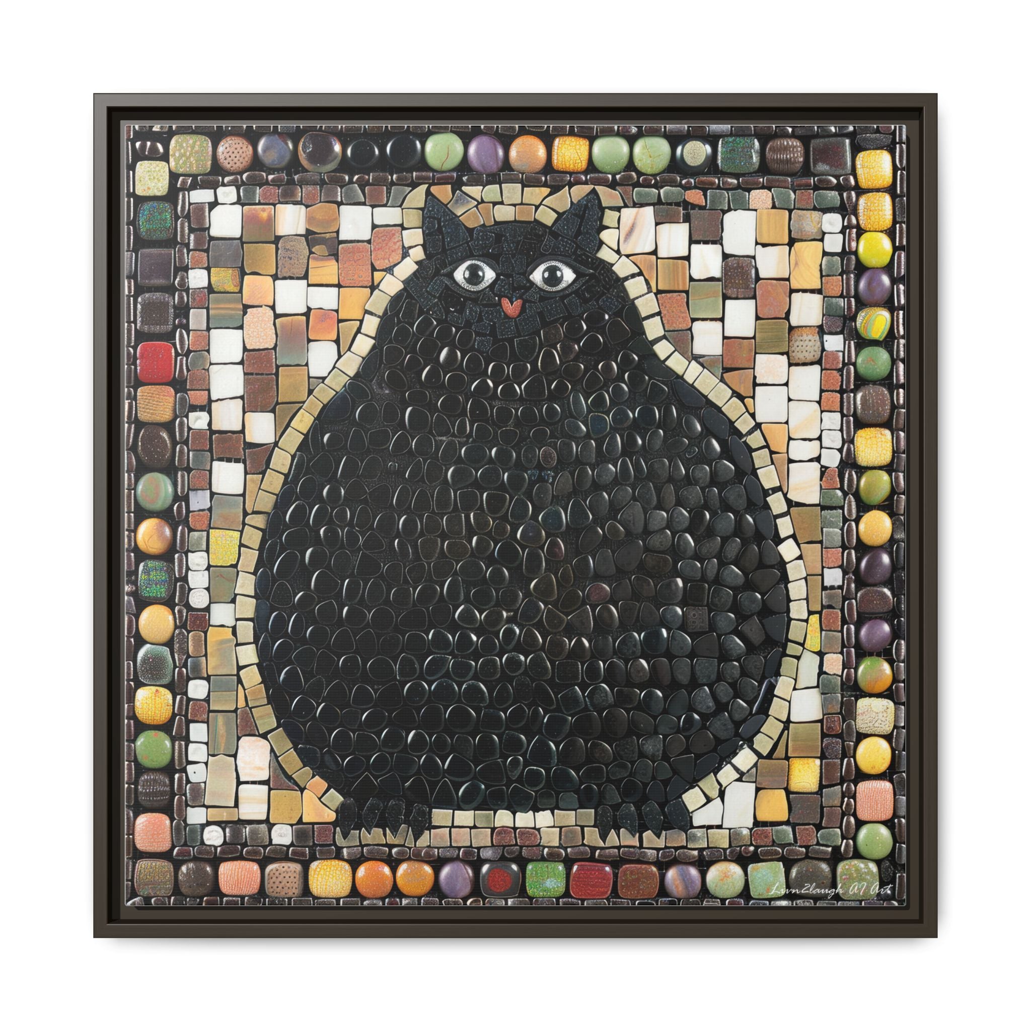 "Playful Black Cat Mosaic", Framed Mosaic Cat Art Print — Colorful Modern Wall Canvas