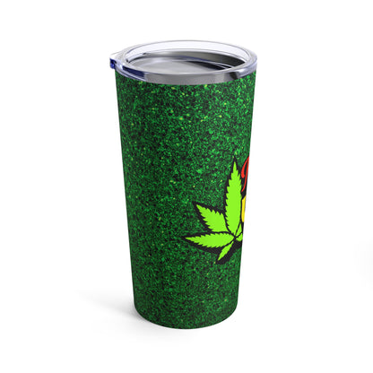 Happy Marijuana 420 In Yellow With Green Pot Leaf, Green Background By Fly Designs Tumbler 20oz