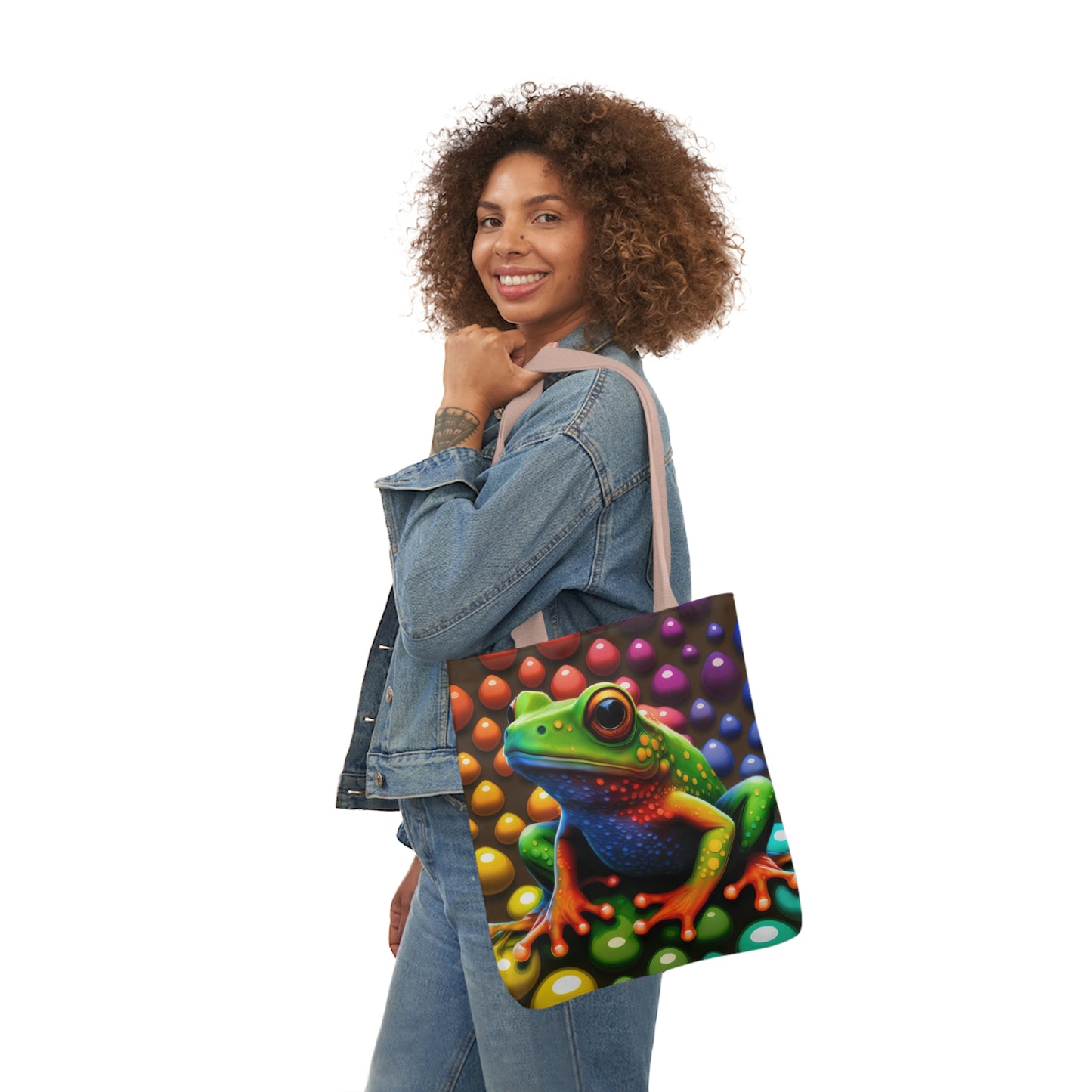 Sassy Rainbow Round Skittle Like Background With Beautiful Frog Polyester Canvas Tote Bag (AOP)