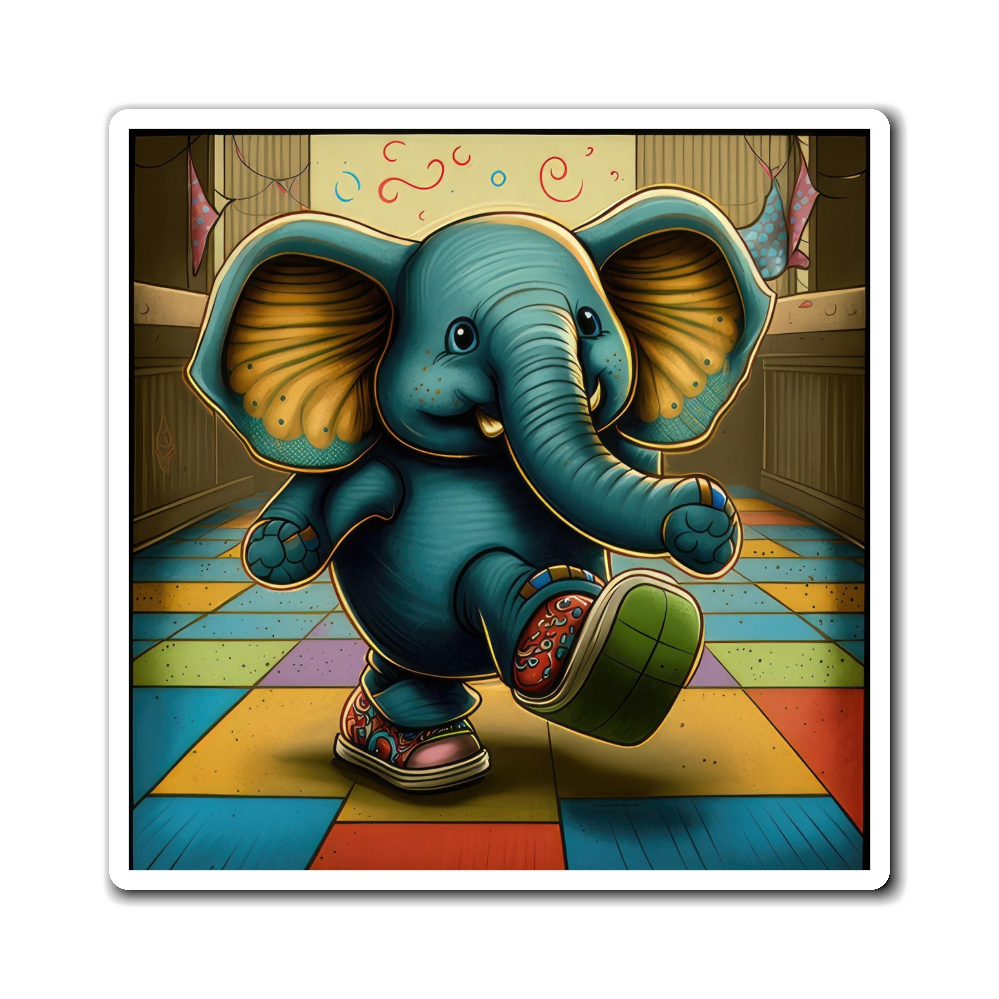 Cute Blue Elephant Kicking Foot On Colorful Checkered Floor Magnets