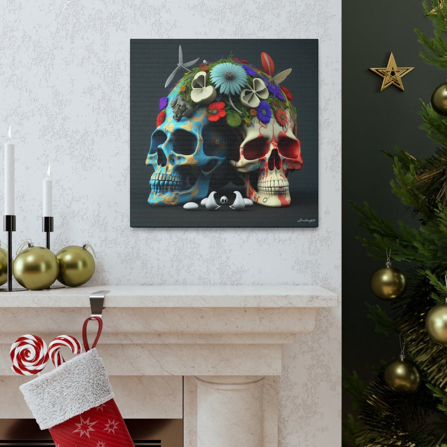 Double Skull With Blue Red  Flowers Canvas Gallery Wraps