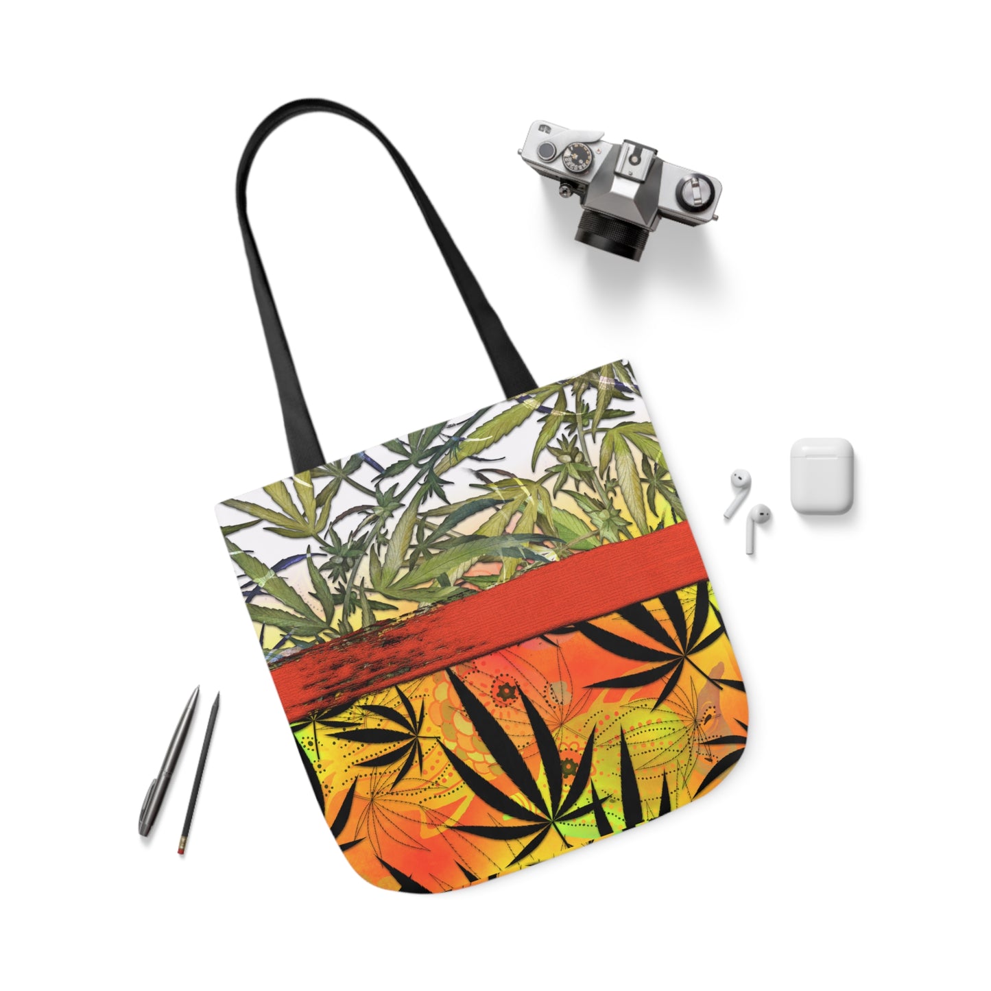 Beautiful Redish Orange Banded Marijuana 420 Pot Weed Leaf Polyester Canvas Tote Bag (AOP)