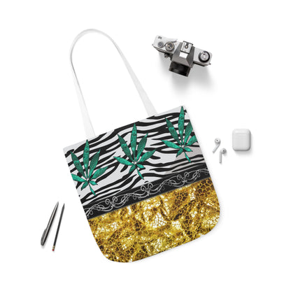 Gold And Zebra White And Black Marijuana Pot Weed Leaf 420 Weed Pot Marijuana Leaf Polyester Canvas Tote Bag (AOP)