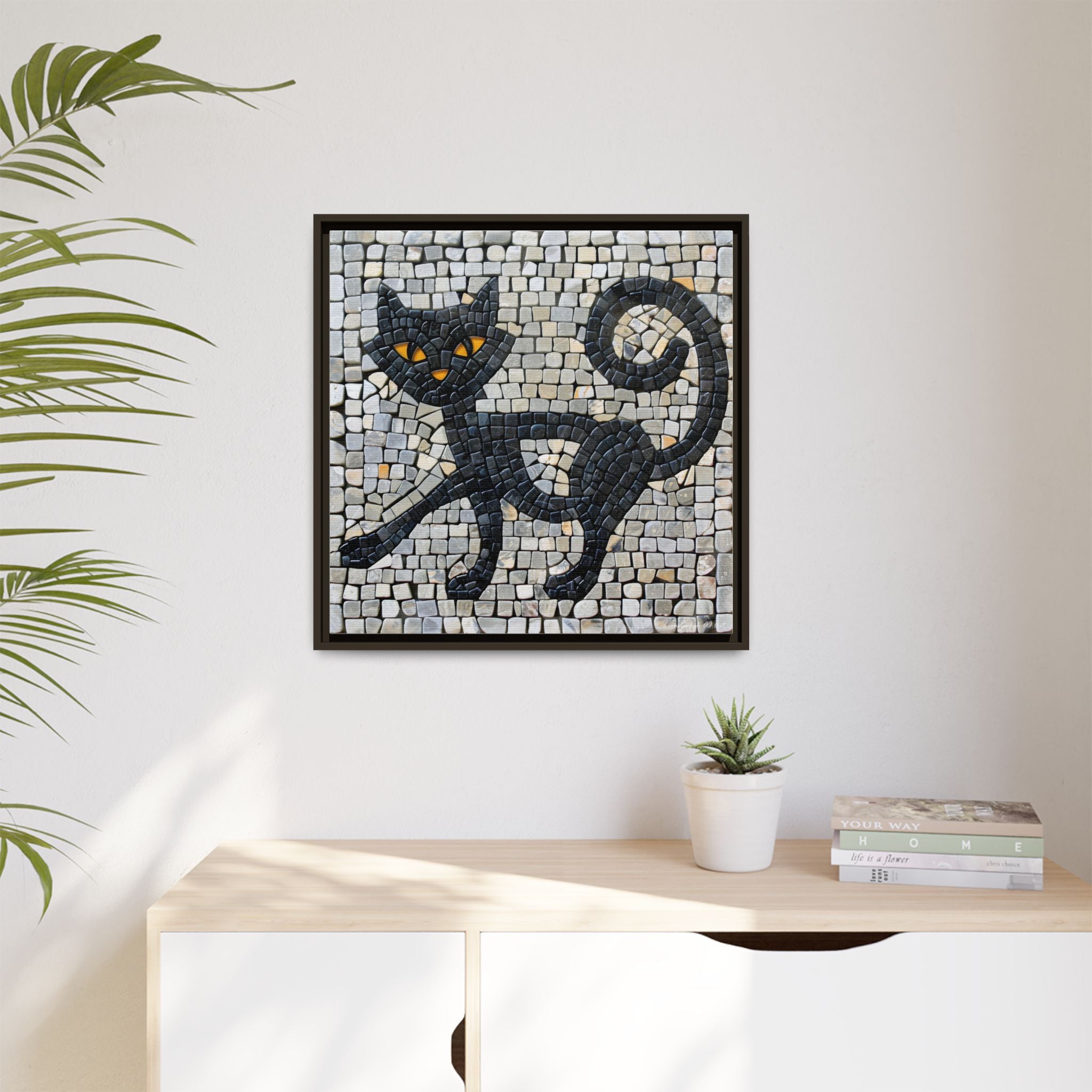 "Curious Black Cat Mosaic", Framed Mosaic Cat Art Print — Colorful Modern Wall Canvas