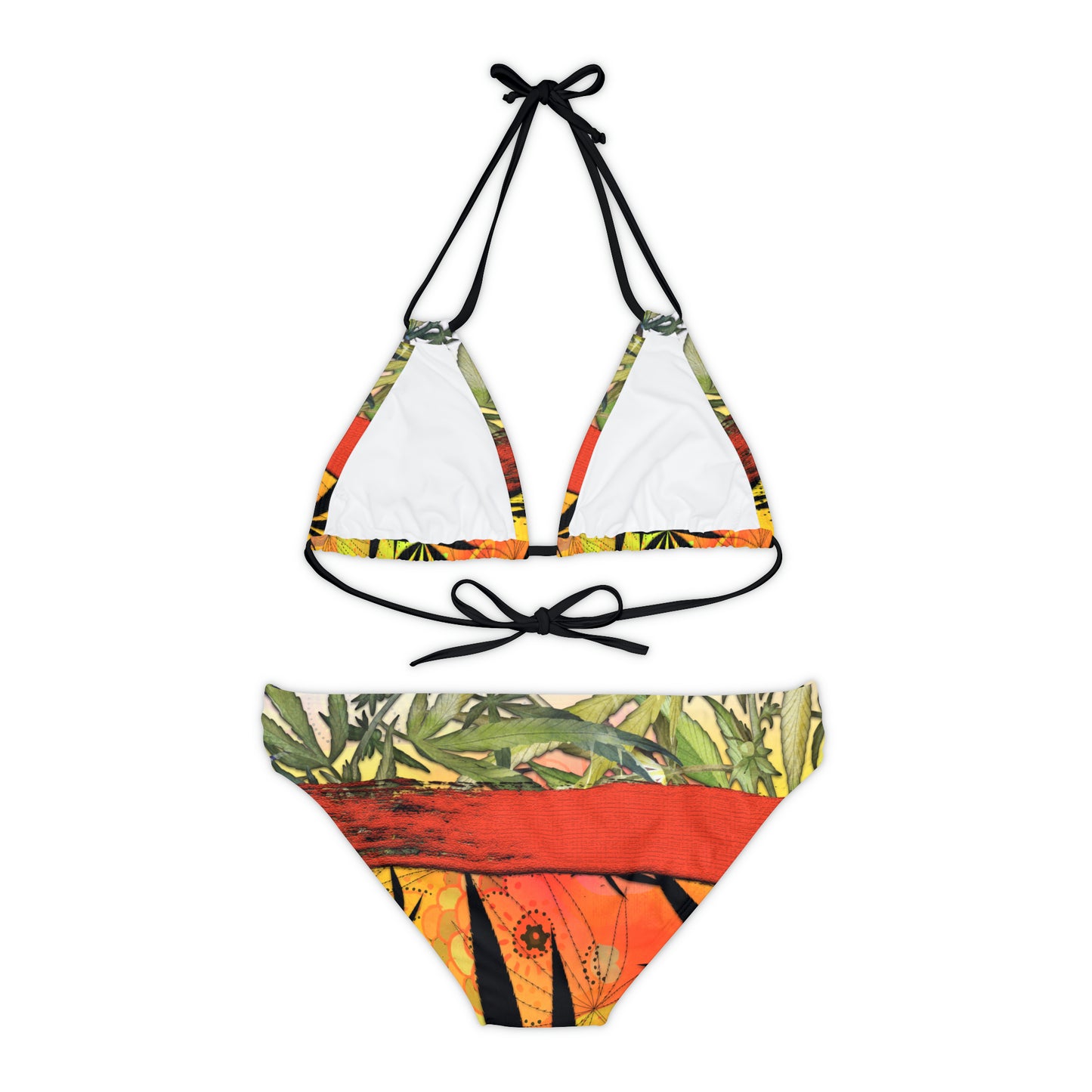 Beautiful Redish Orange Banded Marijuana 420 Pot Weed Leaf Strappy Bikini Set (AOP)