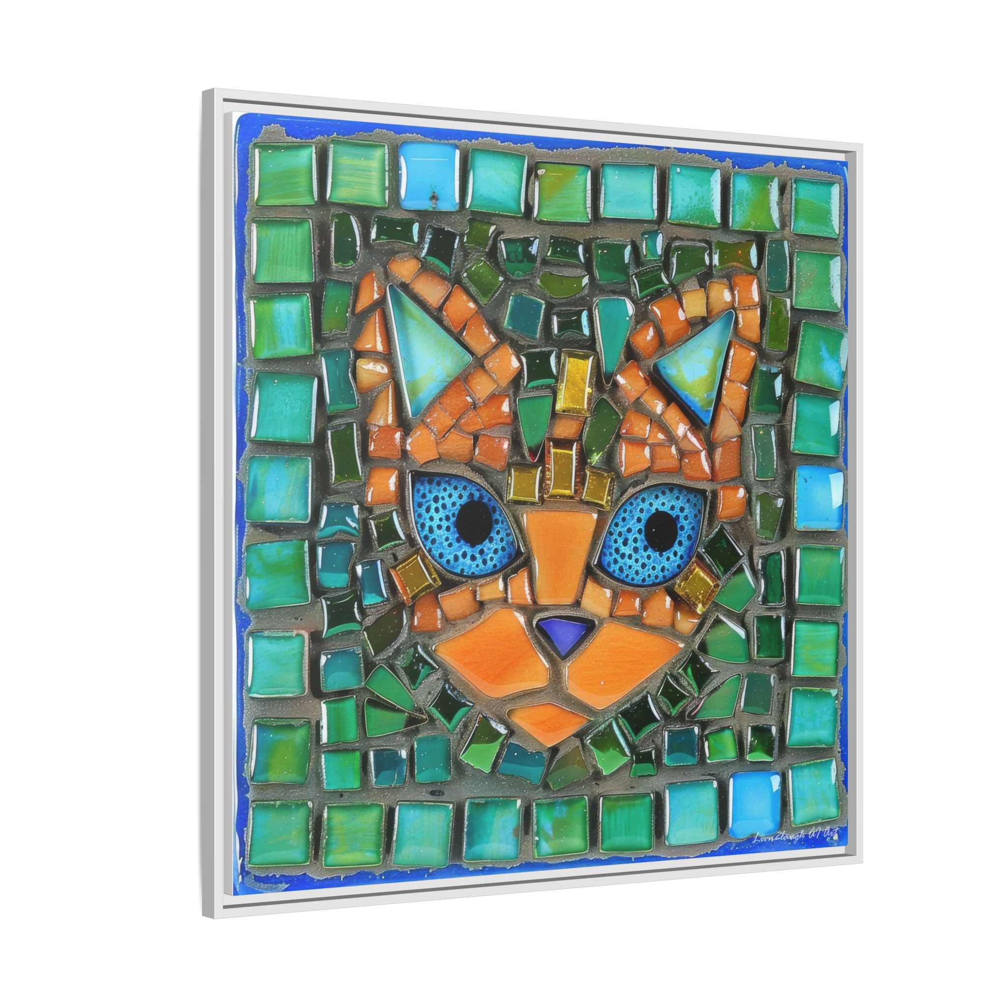 "Emerald Eyes Mosaic Cat", Framed Mosaic Cat Art Print — Colorful Modern Wall Canvas