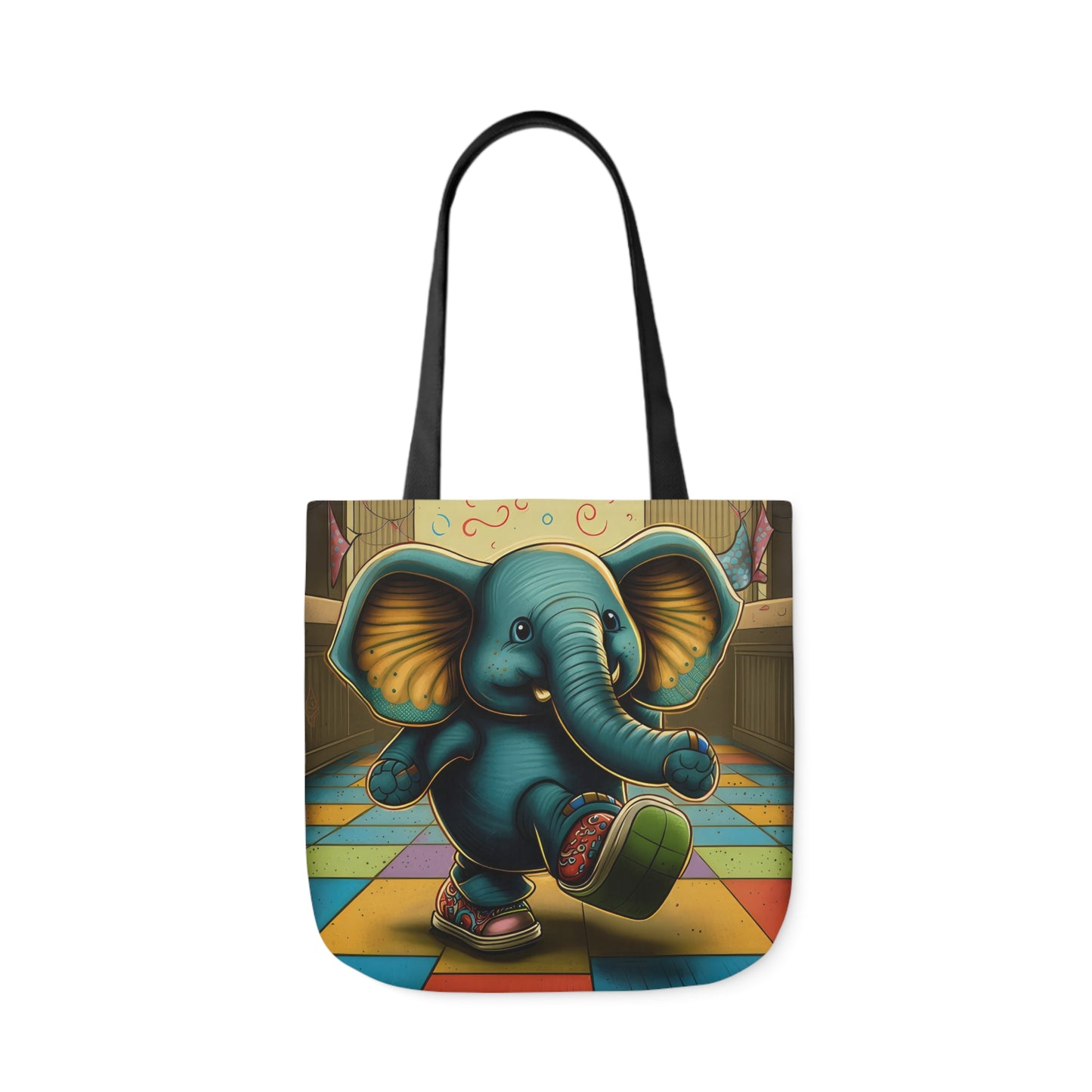 Elephant Kicking Leg On Colored Square Floor Polyester Canvas Tote Bag (AOP)