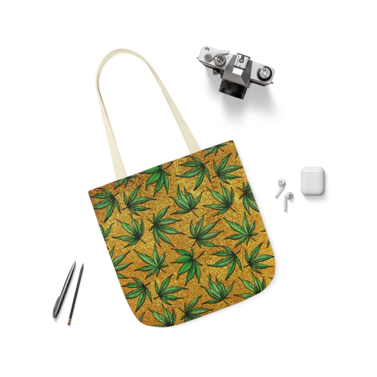 Gold And Green Marijuana Pot Weed Leaf With Gold Background 420 Polyester Canvas Tote Bag (AOP)