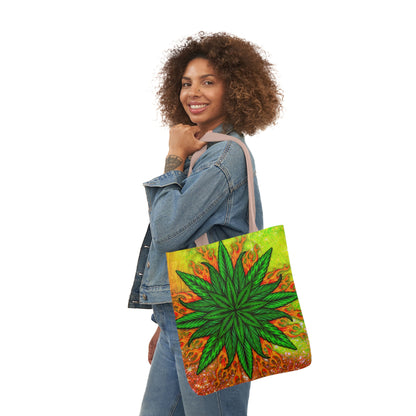 Beautifully Designed Orange, Yellow And Green Marijuana Leave Polyester Canvas Tote Bag (AOP)