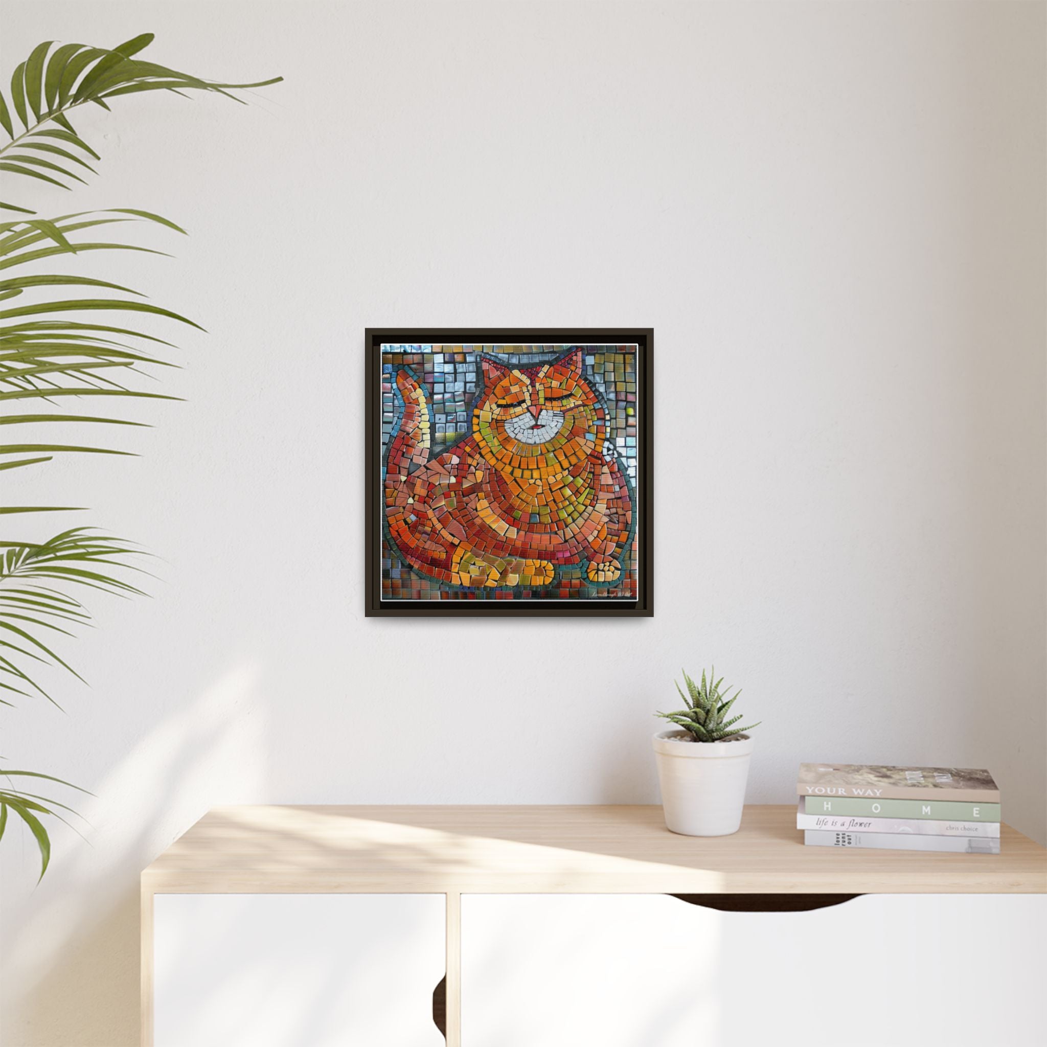 Radiant Whiskers: The Joyful Cat, Framed Mosaic Cat Art Print — Colorful Modern Wall Canvas
