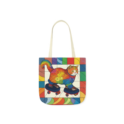 Gorgeous Rainbow Cat Riding A Skate/Skateboard With Rainbow Border Polyester Canvas Tote Bag (AOP)