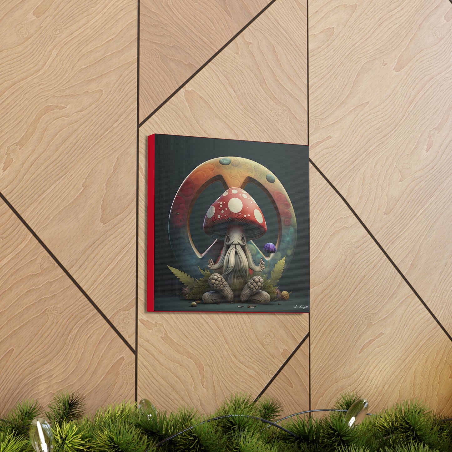 Beautiful Forest Round Peace Sign , Hippie With Beard Mushrooms Hat Flowers  Canvas Gallery Wraps