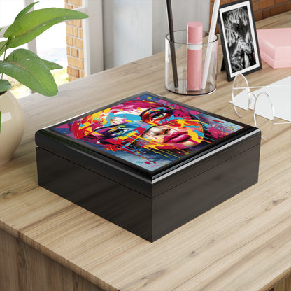 Masked Colorful Blast, Blue Background, Black or Brown Jewelry Box