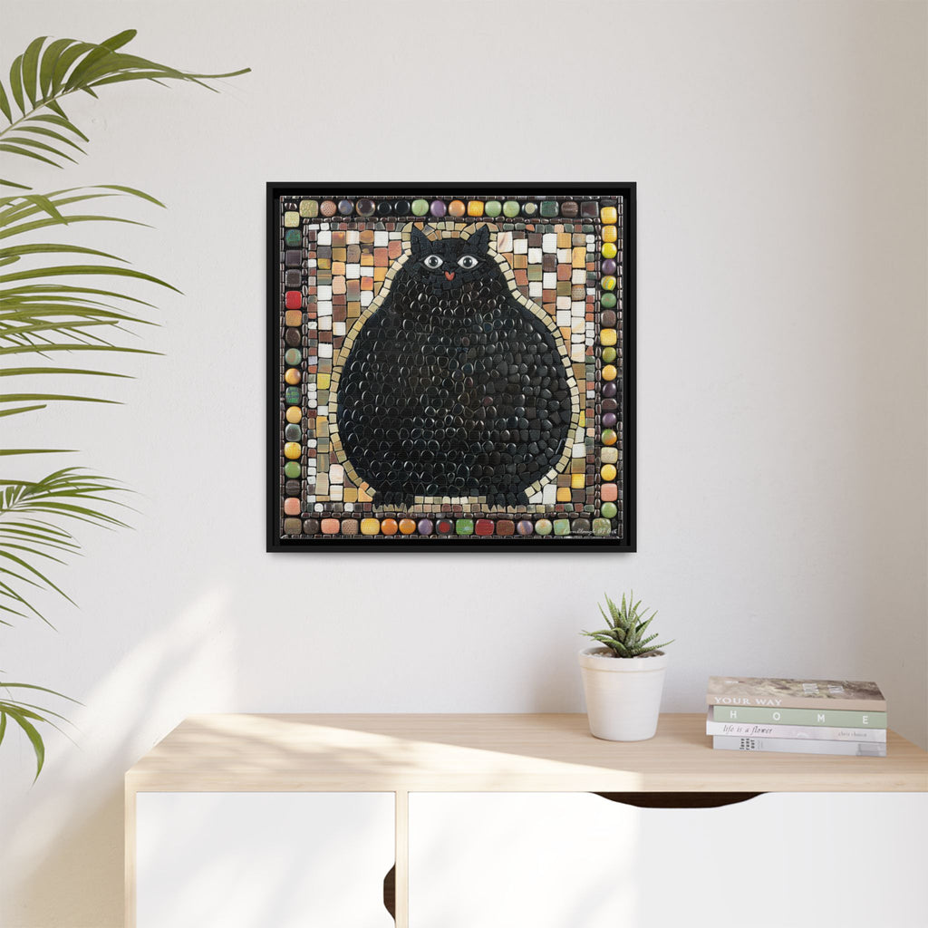 "Playful Black Cat Mosaic", Framed Mosaic Cat Art Print — Colorful Modern Wall Canvas