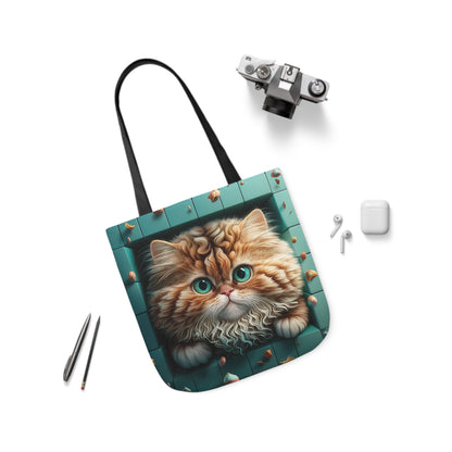 Beautiful Orange And White Fluffy Cat With Blue Eye , Blue Framed Polyester Canvas Tote Bag (AOP)