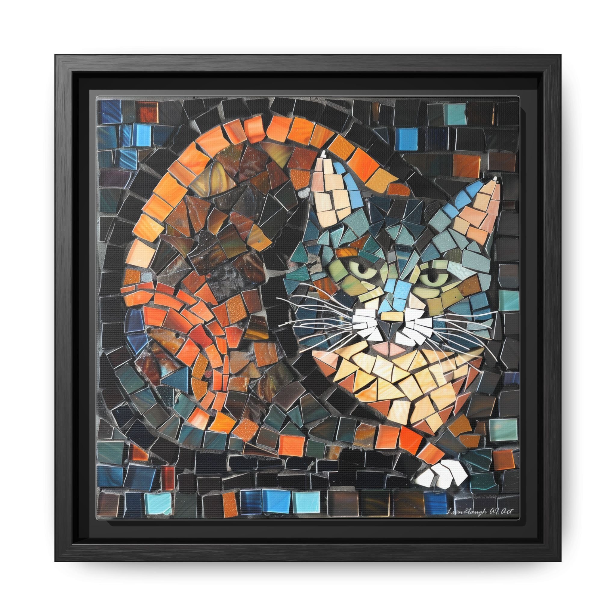 "Bold Mosaic Cat", Framed Mosaic Cat Art Print — Colorful Modern Wall Canvas
