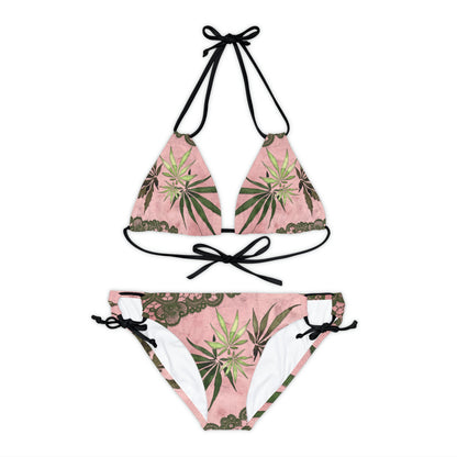 Grey Lace Gorgeous Pink Designed Marijuana 420 Weed Strappy Bikini Set (AOP)