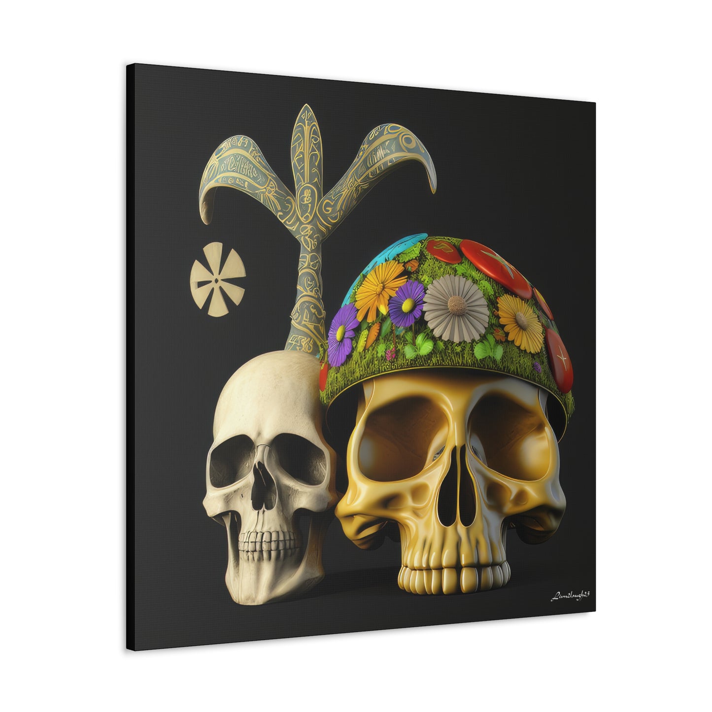 Double Skull With Yellow White Purple Flowers Canvas Gallery Wraps