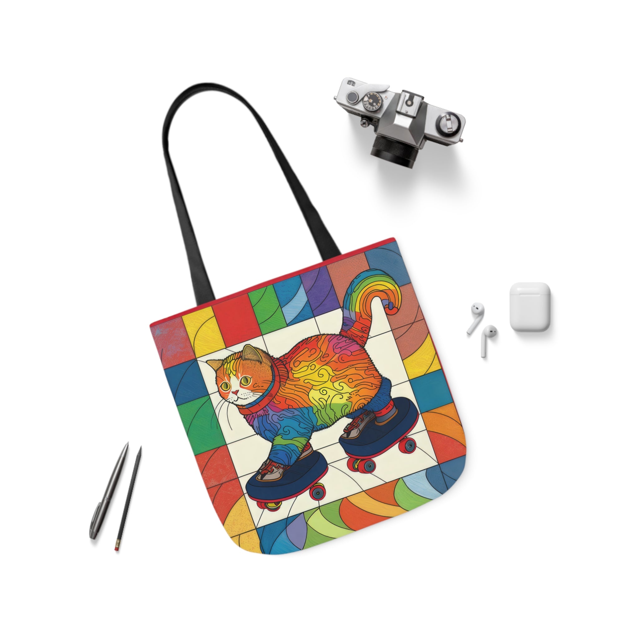 Gorgeous Rainbow Cat Riding A Skate/Skateboard With Rainbow Border Polyester Canvas Tote Bag (AOP)