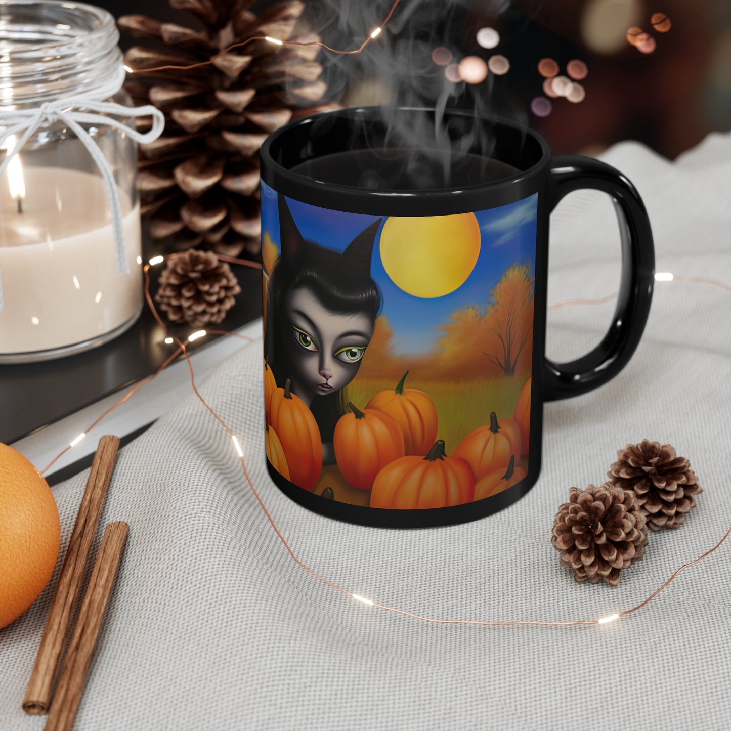 Gothic Cat Girl Halloween With Beautiful Moon And Pumpkins 11oz Black Mug