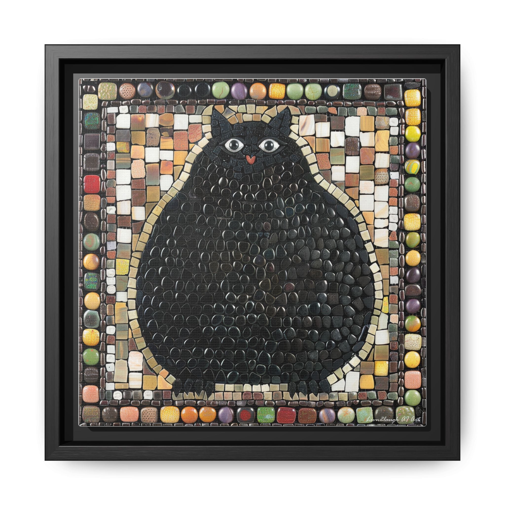 "Playful Black Cat Mosaic", Framed Mosaic Cat Art Print — Colorful Modern Wall Canvas
