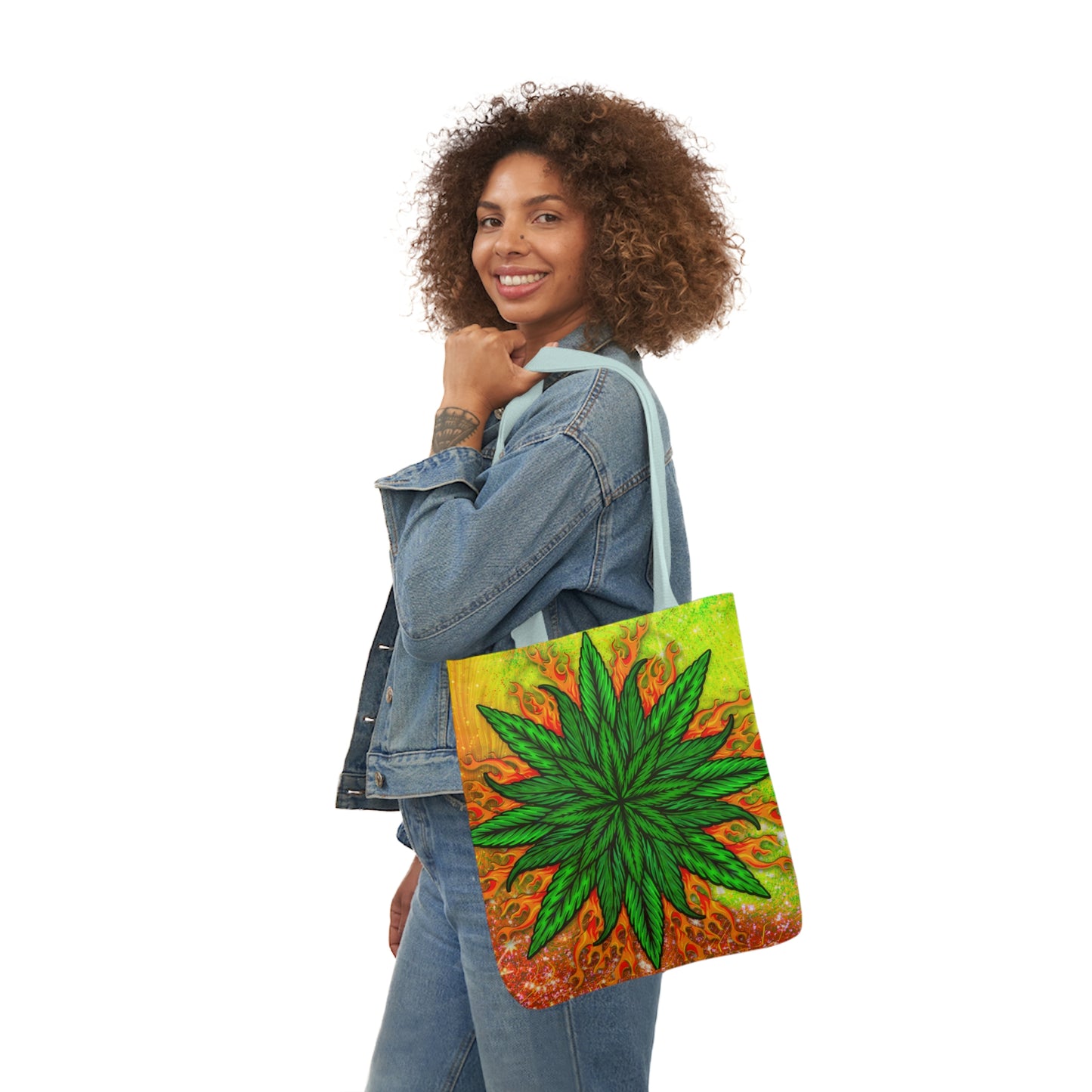 Beautifully Designed Orange, Yellow And Green Marijuana Leave Polyester Canvas Tote Bag (AOP)