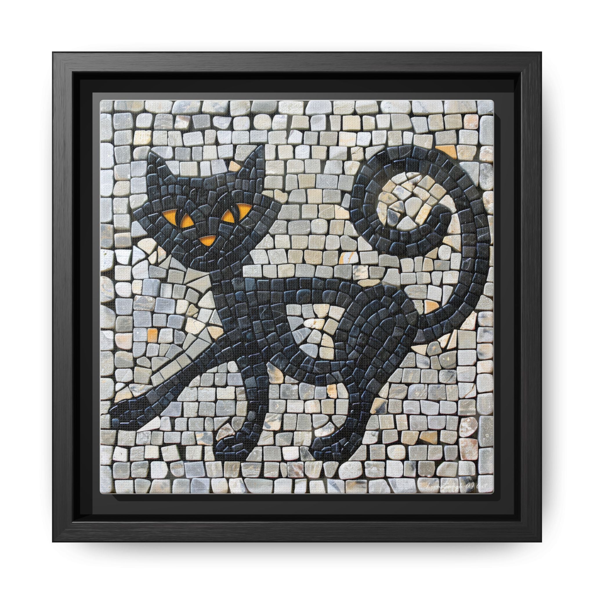 "Curious Black Cat Mosaic", Framed Mosaic Cat Art Print — Colorful Modern Wall Canvas