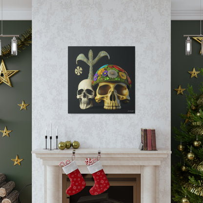 Double Skull With Yellow White Purple Flowers Canvas Gallery Wraps