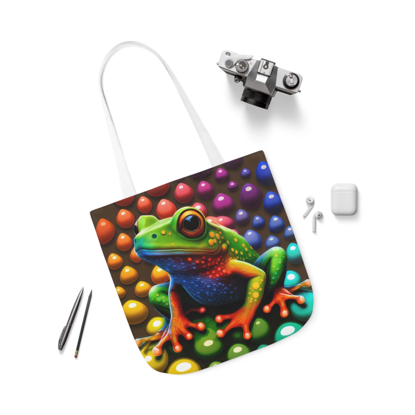 Sassy Rainbow Round Skittle Like Background With Beautiful Frog Polyester Canvas Tote Bag (AOP)