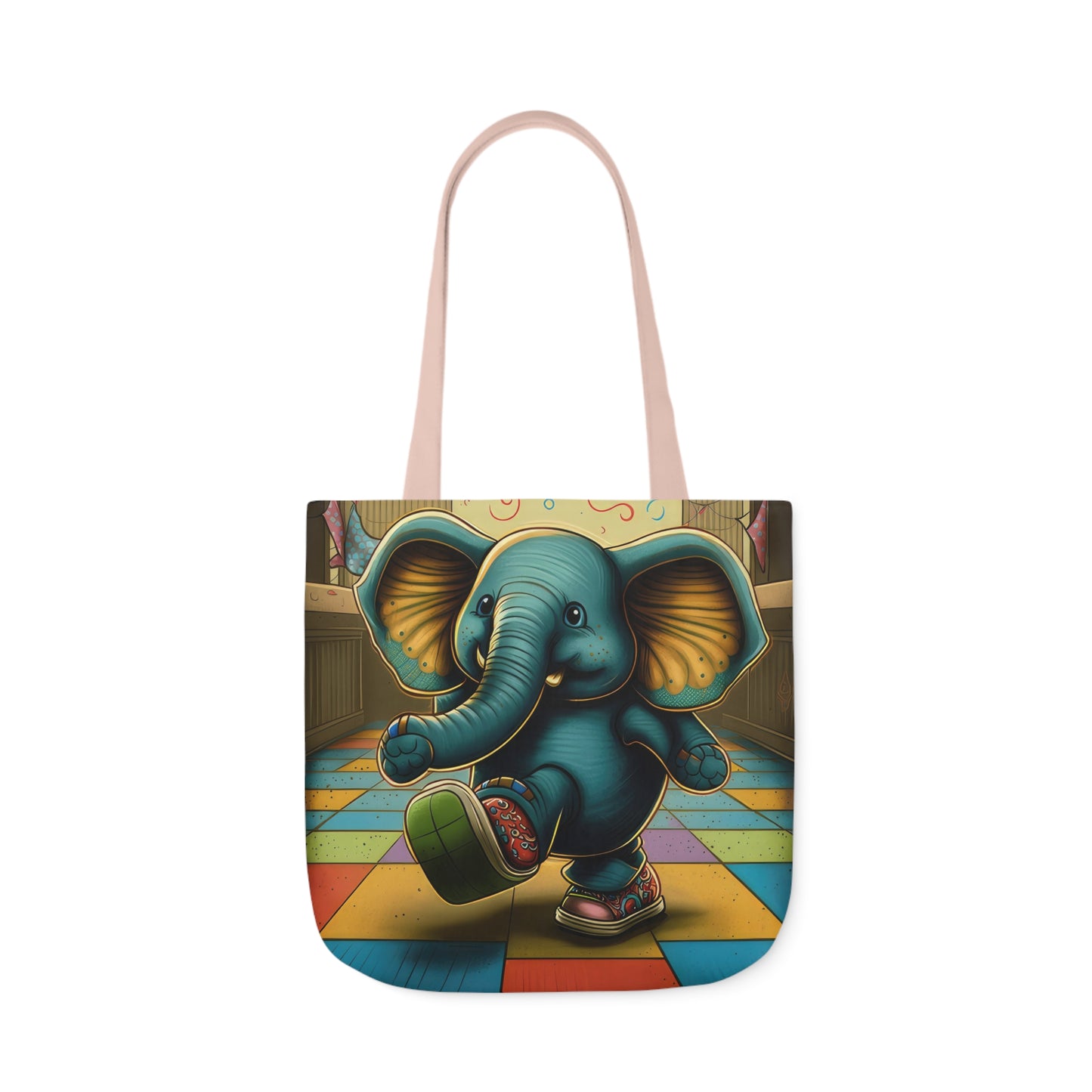 Elephant Kicking Leg On Colored Square Floor Polyester Canvas Tote Bag (AOP)