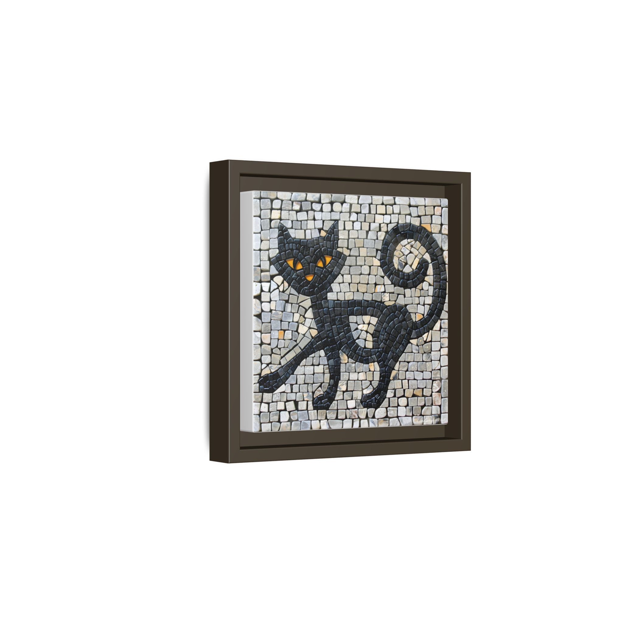 "Curious Black Cat Mosaic", Framed Mosaic Cat Art Print — Colorful Modern Wall Canvas