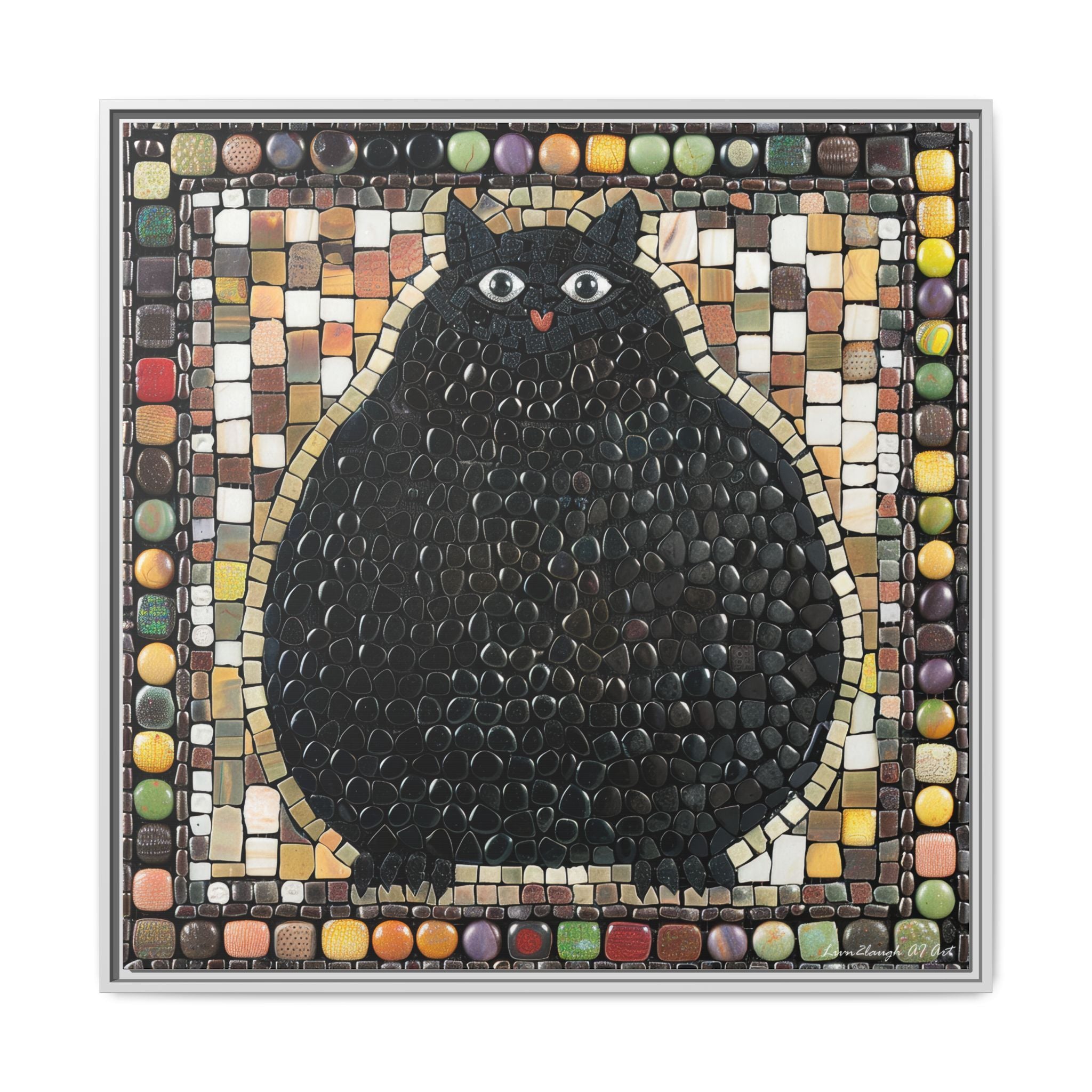"Playful Black Cat Mosaic", Framed Mosaic Cat Art Print — Colorful Modern Wall Canvas
