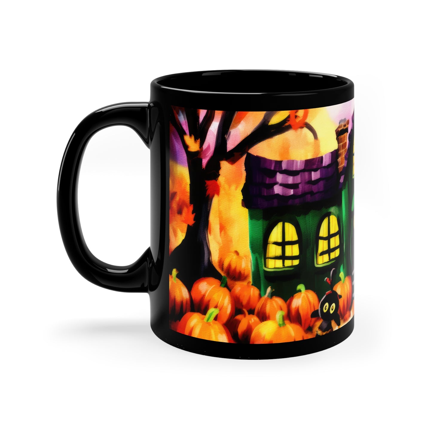 Fall Time School House With Lights On, Halloween Theme 11oz Black Mug