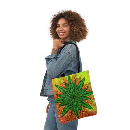 Beautifully Designed Orange, Yellow And Green Marijuana Leave Polyester Canvas Tote Bag (AOP)