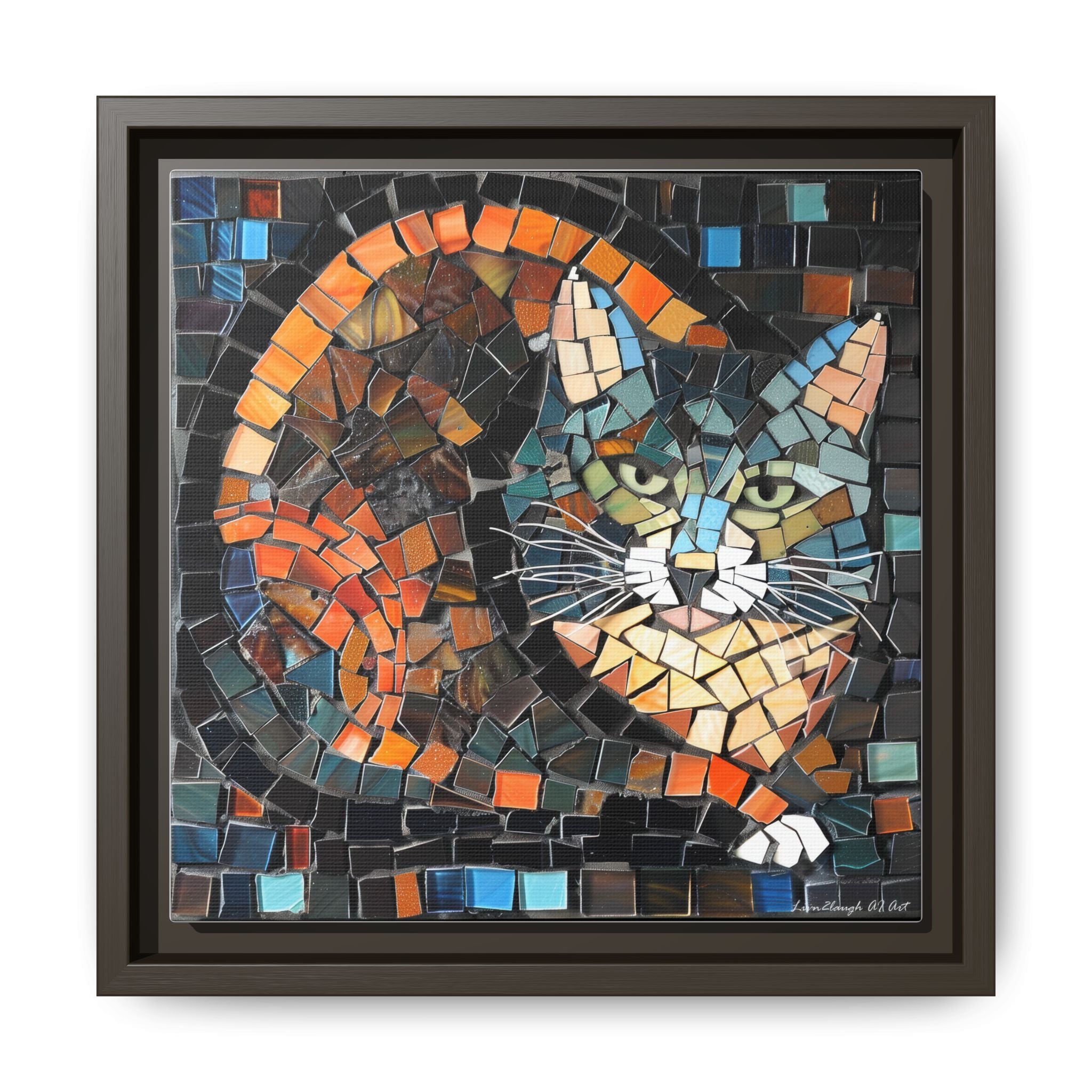"Bold Mosaic Cat", Framed Mosaic Cat Art Print — Colorful Modern Wall Canvas
