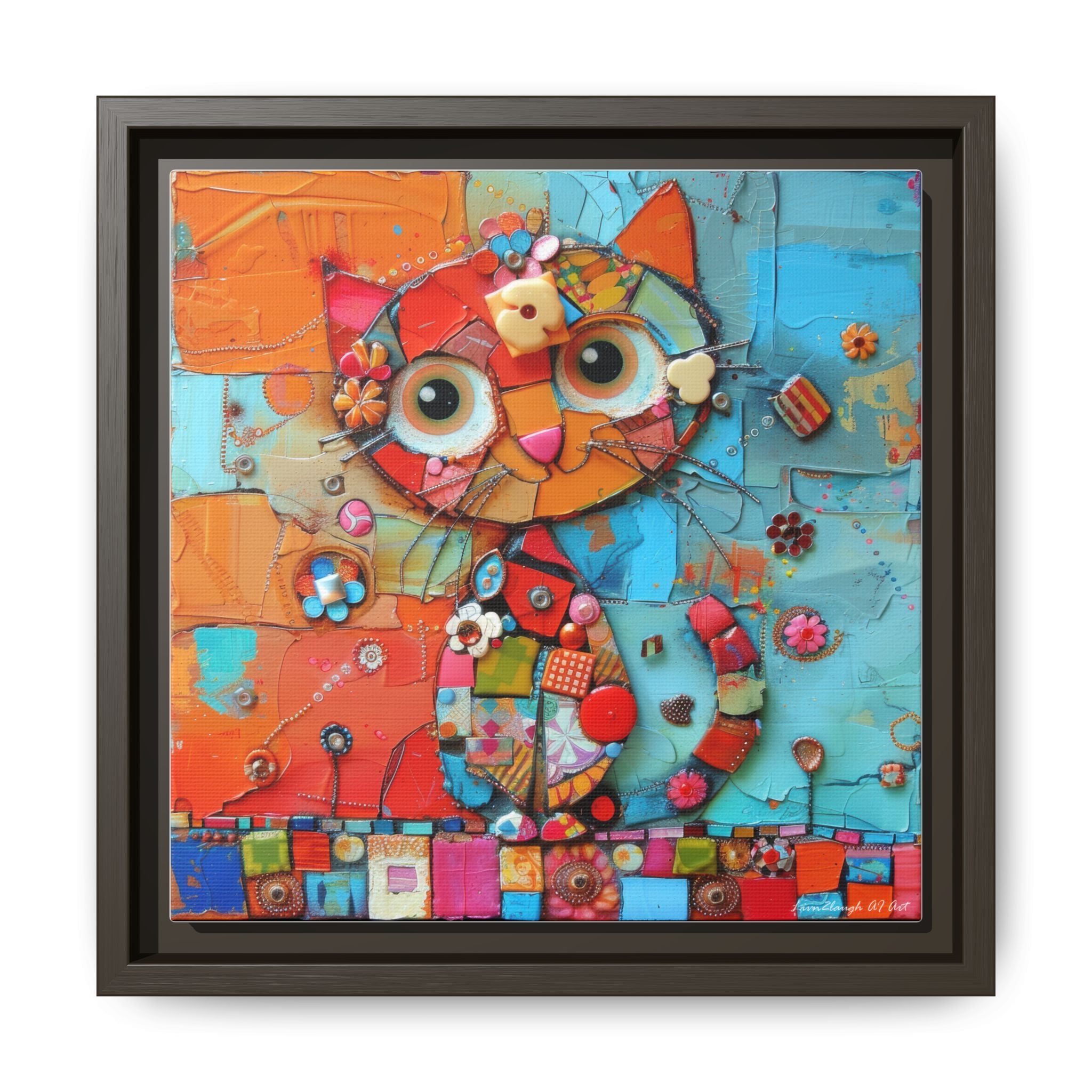 "Whimsical Mosaic Cat", Framed Mosaic Cat Art Print — Colorful Modern Wall Canvas