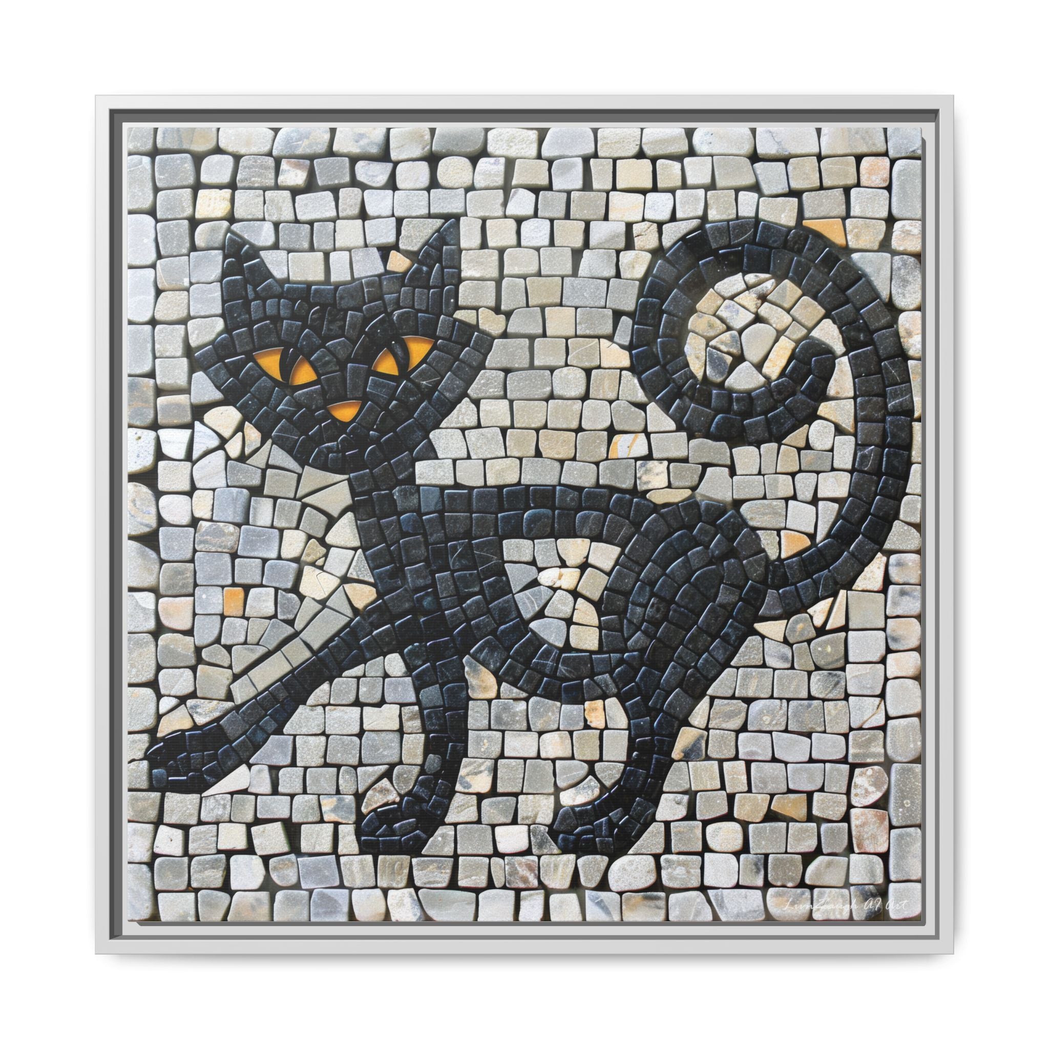 "Curious Black Cat Mosaic", Framed Mosaic Cat Art Print — Colorful Modern Wall Canvas