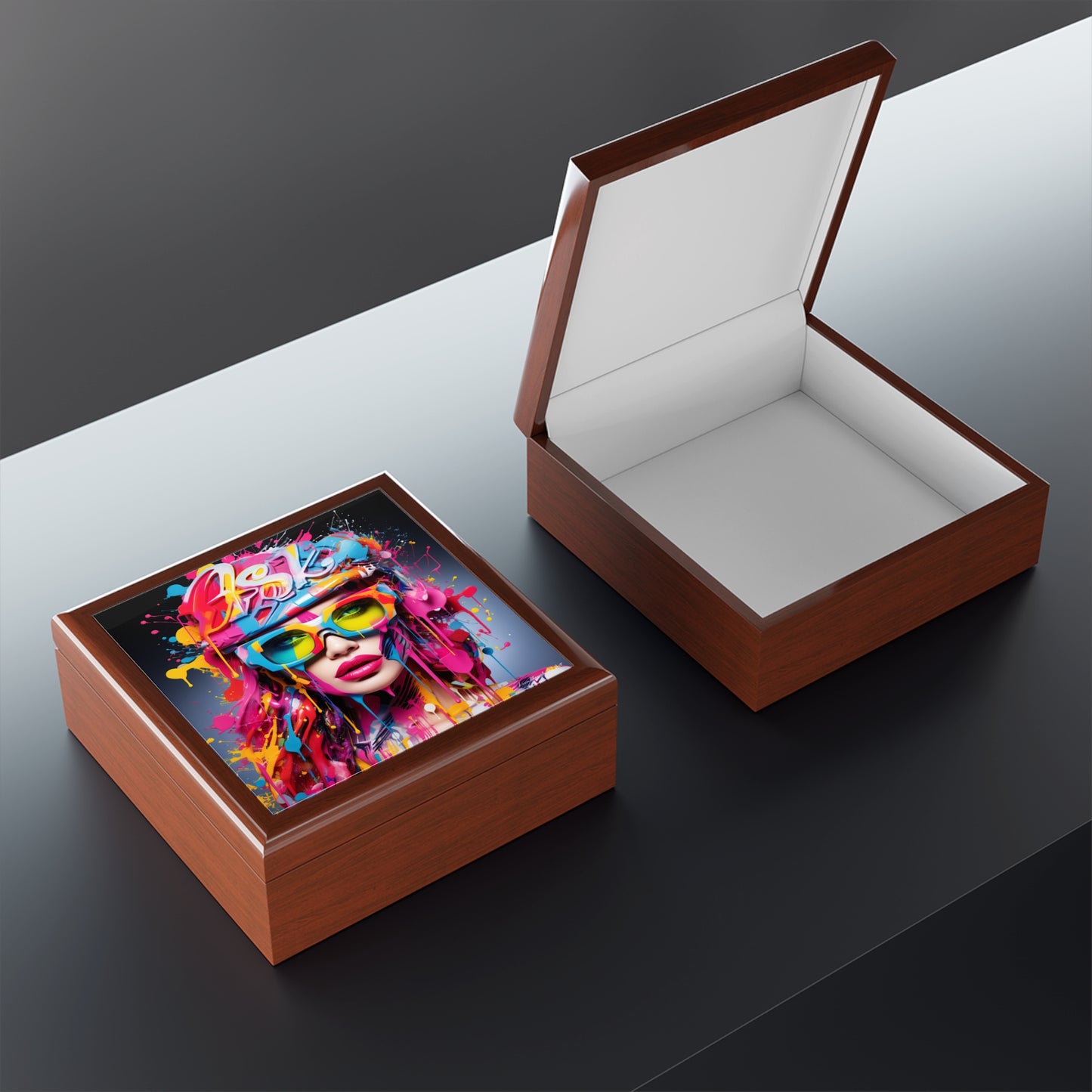 Colorful Blast, Blue Background, Black or Brown Jewelry Box