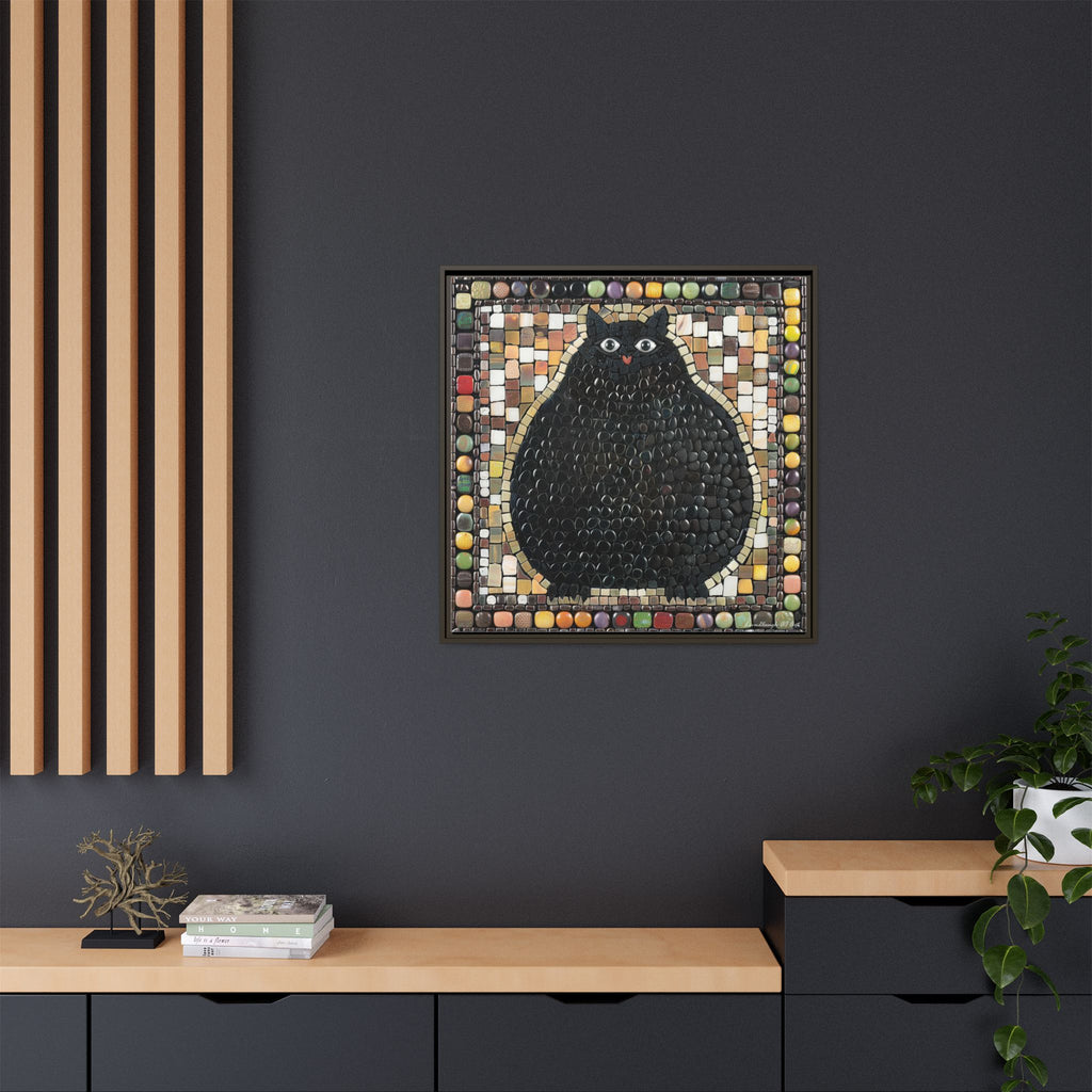 "Playful Black Cat Mosaic", Framed Mosaic Cat Art Print — Colorful Modern Wall Canvas
