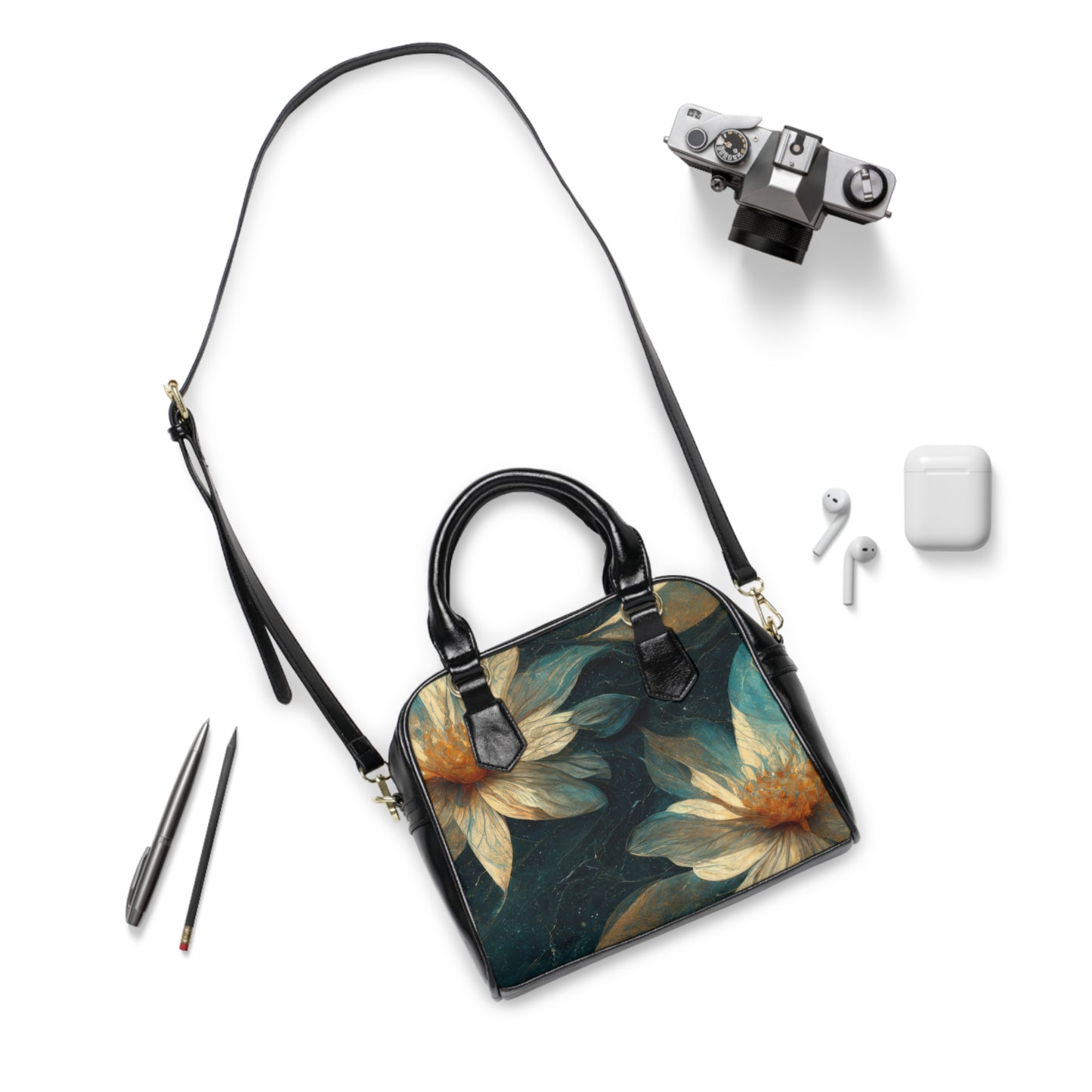 Bold And Beautiful White, Grey And Blue Floral Style 3 Shoulder Handbag