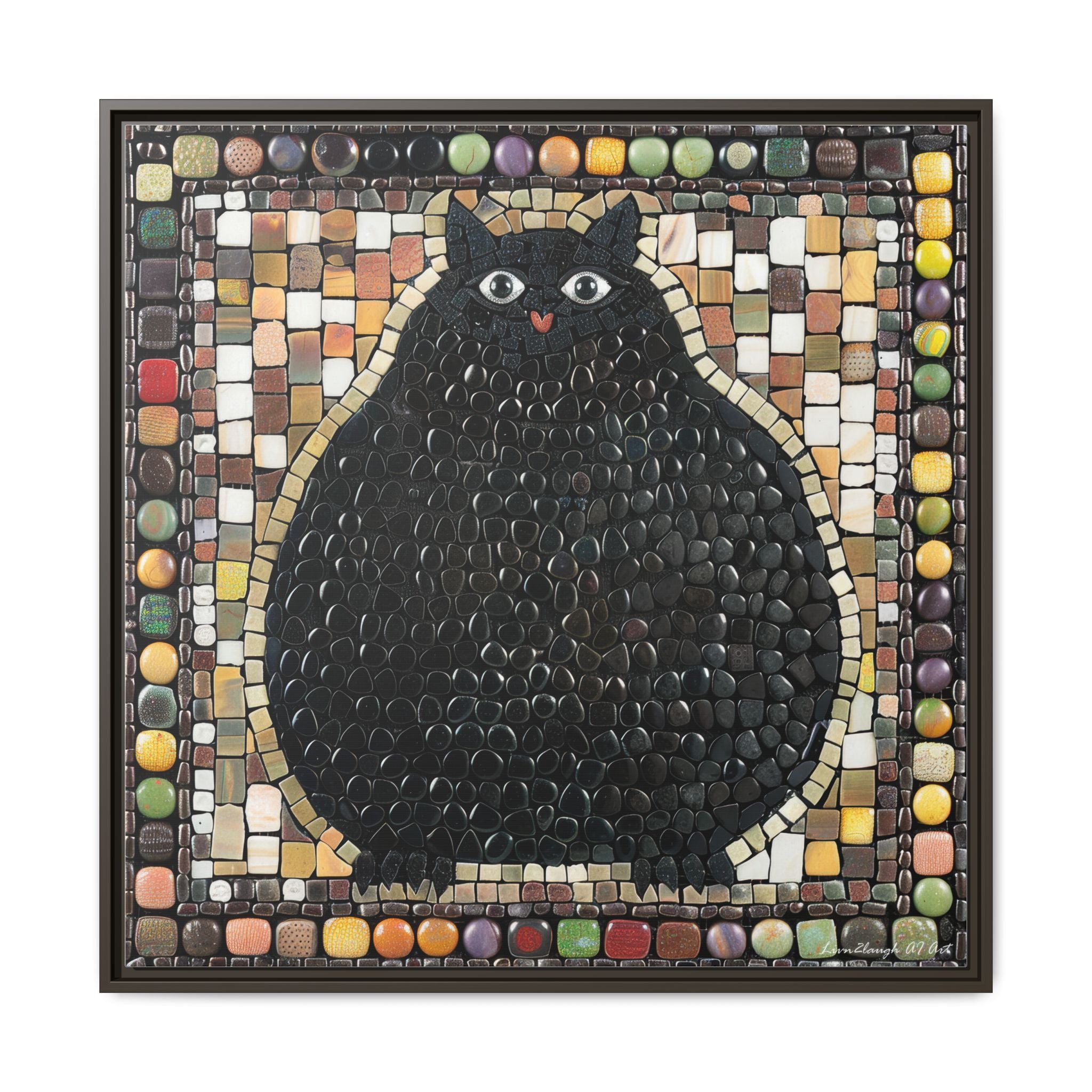 "Playful Black Cat Mosaic", Framed Mosaic Cat Art Print — Colorful Modern Wall Canvas
