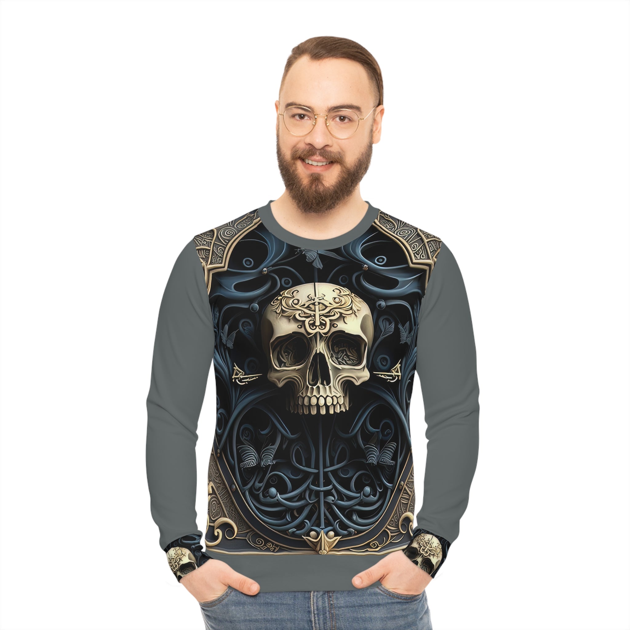 Metallic Chrome Skull and classic Designed Background Style 5, Blue Lightweight Sweatshirt (AOP)
