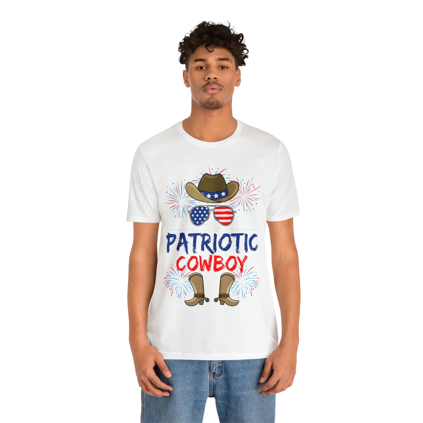 Patriotic Cowboy, American Flag 'Glasses, Cowboy Hat and Boots, Fourth of July 4th Unisex Jersey Short Sleeve Tee